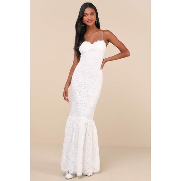 NWT Lulus Instinctively Stunning White Lace Bustier Trumpet Maxi Dress Wedding S - Picture 2 of 9